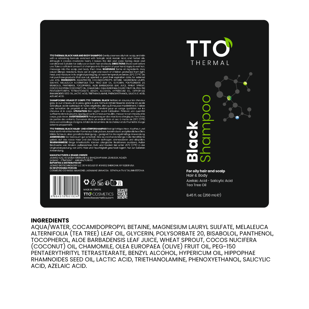 TTO Thermal Black Hair & Body Shampoo for Oily Hair – 250 ml